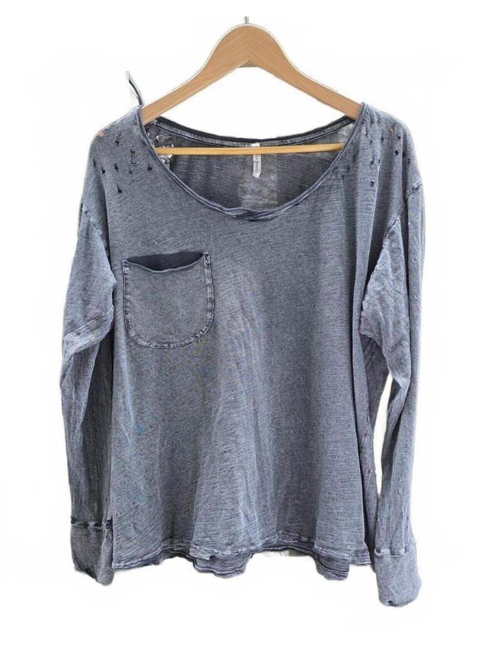 Magnolia Pearl Long Sleeve Charcoal Cotton Pocket Tee With Distressing  One Size